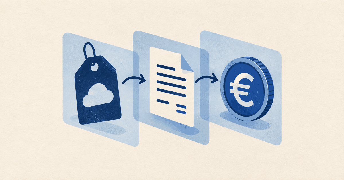 Preisschild, Rechnungsblatt und Euro-Münze liegen auf drei durchscheinenden Ebenen mit getrennten Pfeilen.