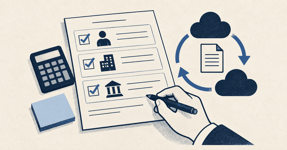 An invoice checklist with three ticks sits beside cloud symbols linked by circular arrows.