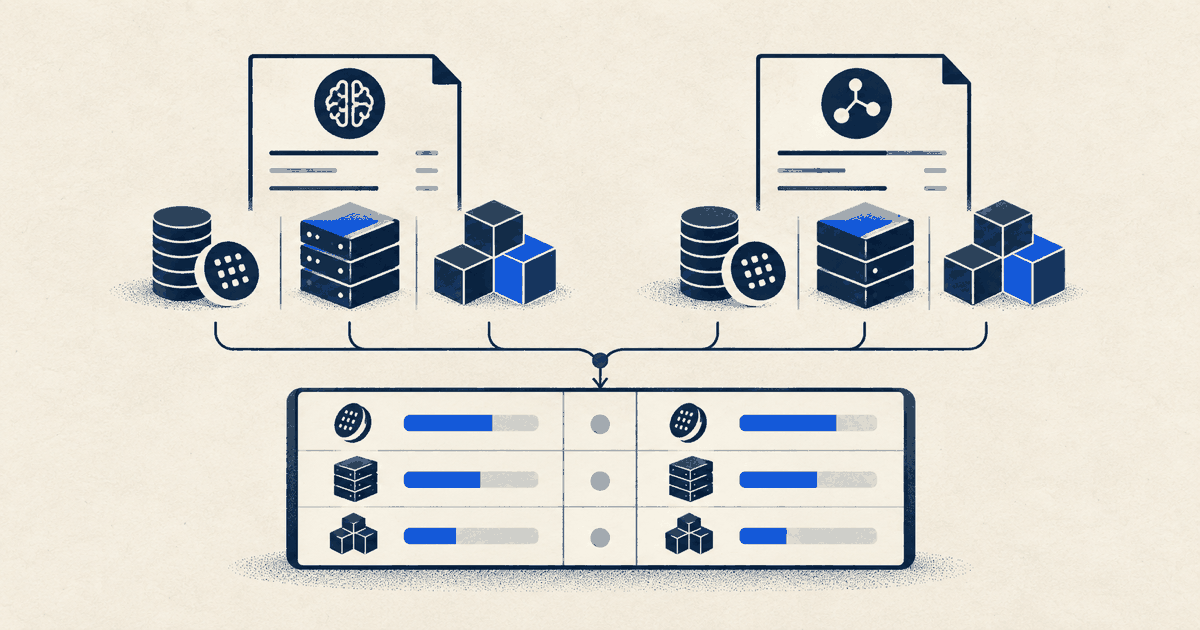 Two AI billing documents with usage, capacity and resource symbols feed a shared comparison table.