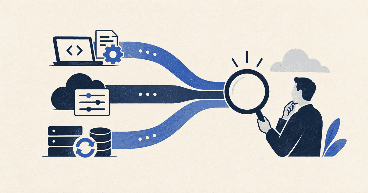 Three spending streams for development, configuration and operations converge at a review magnifier.