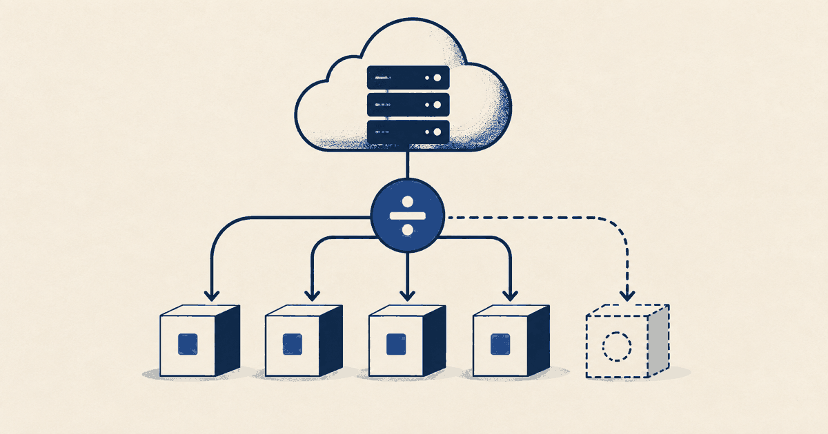 A shared cloud cost pool branches through an allocation symbol to customer blocks and a dashed remainder.